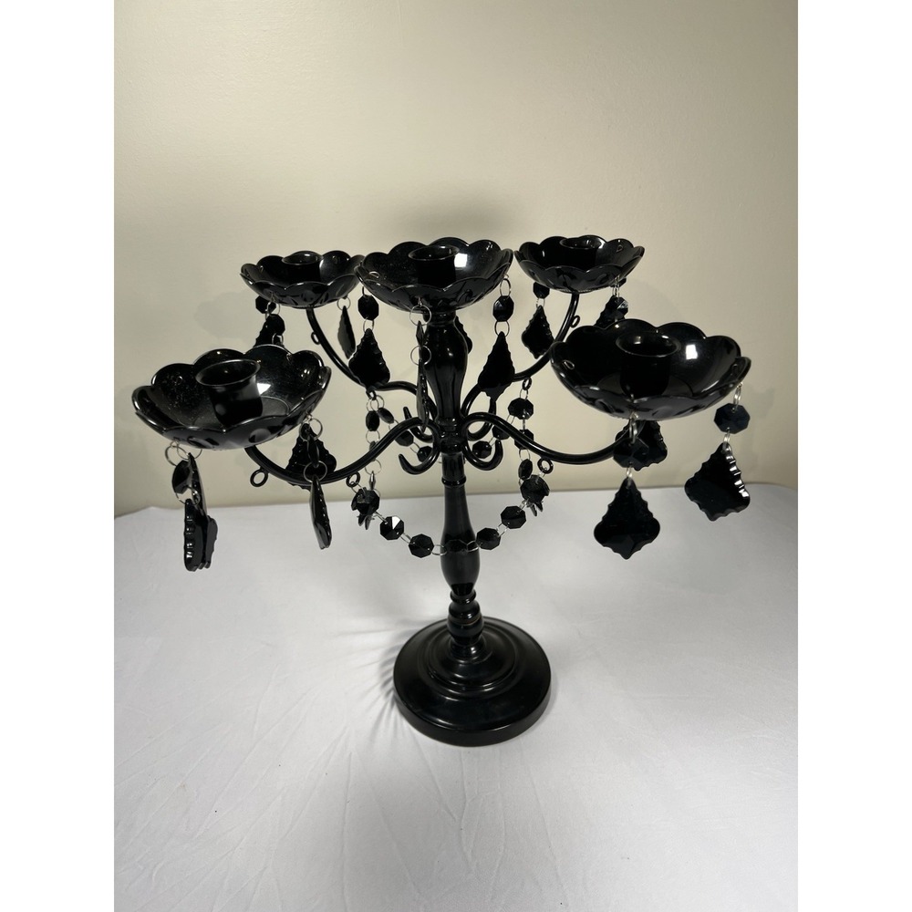Gothic Black Metal Candelabra 5 Candlestick Holder 15" Halloween Spooky Goth